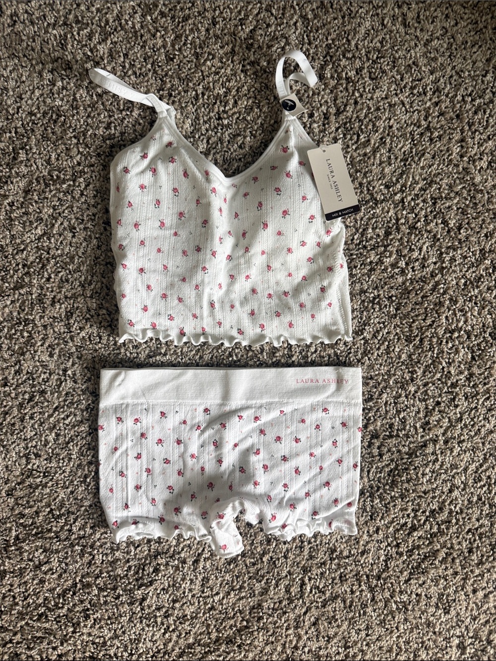 Laura Ashley White Ribbed Floral Crop Bralette and Boyshorts Set